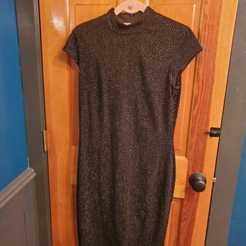 White House Black Market Velvet Mock Neck Sheath Gold Black Midi Dress NWT